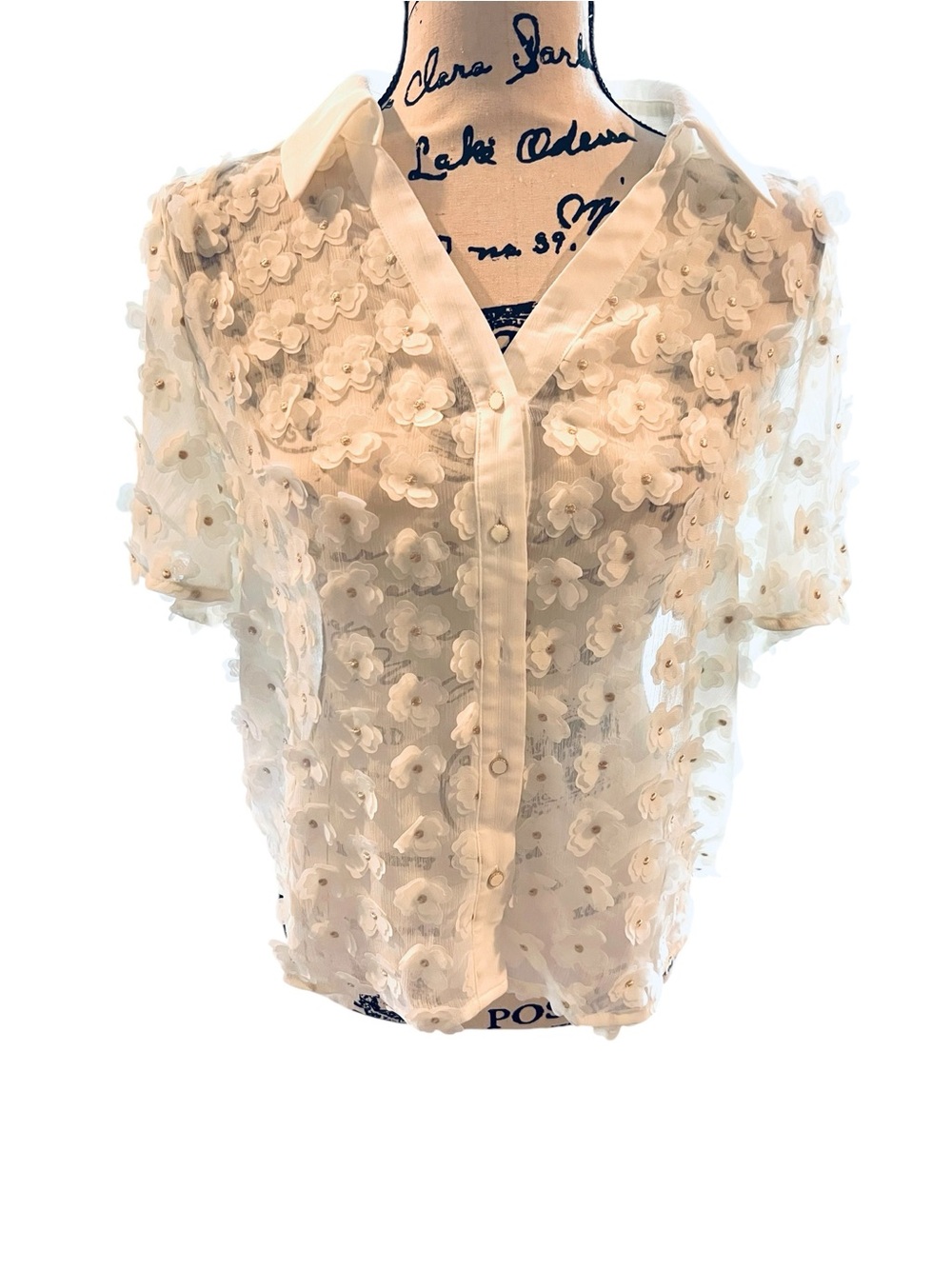 Adrianna Papell Ivory 3D Floral Appliqué Sheer Blouse M
